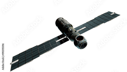 Scientific space station with solar panels in orbit.