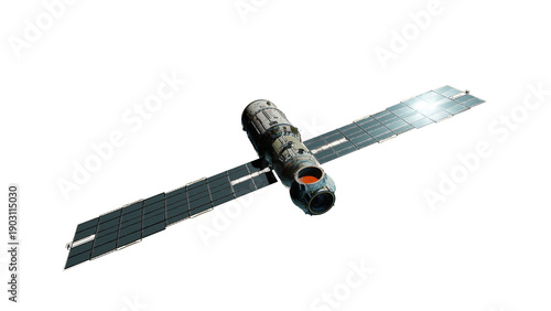 Scientific space station with solar panels in orbit.