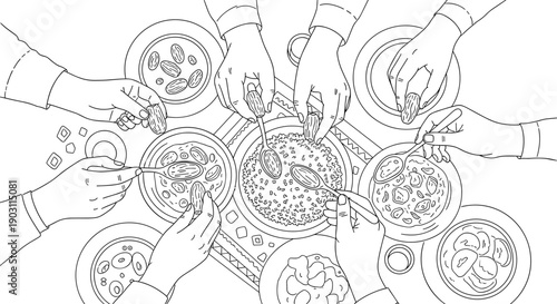 Hands Sharing Food from Various Plates.