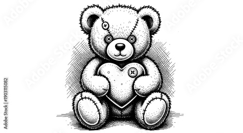 Hand Drawn Teddy Bear with Heart.
