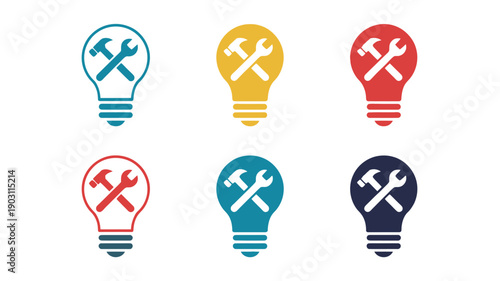 Six colorful light bulb with crossed hammer and wrench, representing ideas and solutions