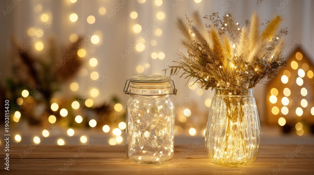 Fototapeta premium Decorative jars with illuminated lights on wooden table festive background