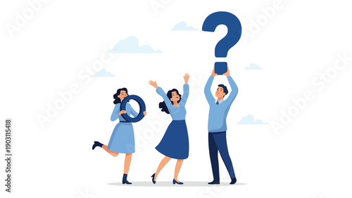 People holding question mark and ring, symbolizing curiosity, problem-solving, and teamwork