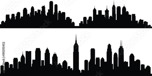 Silhouettes of iconic city skylines against a plain background