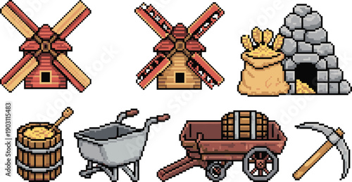 Pixel art medieval farming tools set, windmill grain mill cart barrel pickaxe wheelbarrow, village agriculture concept, retro game style