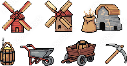 Pixel art medieval farming tools set, windmill grain mill barn cart wheelbarrow pickaxe, village agriculture concept, retro game style illustration
