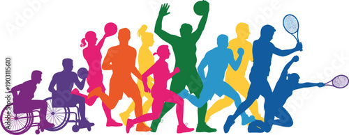 Inclusive sports silhouettes, diverse athletes exercising together, adaptive fitness, teamwork, active lifestyle, equality, healthy community – flat vector illustration