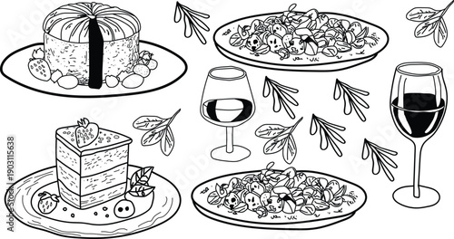 Assortment of delicious desserts and savory appetizer plates elegantly paired with wine glasses for a celebratory meal.