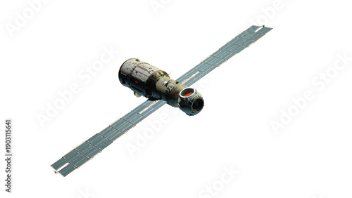 Scientific space station with solar panels in orbit.