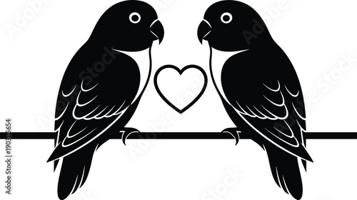 Black and white lovebirds vector illustration with heart symbol isolated on white background, romantic bird silhouette for wedding, anniversary, and Valentine's Day designs.