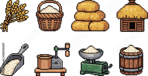Pixel art medieval grain processing icons set, wheat rice hay bales hut mill scale basket harvest farming concept, game illustration