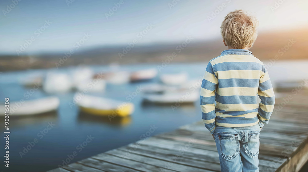 Fototapeta premium Boy standing on pier watching boats drifting on tranquil lake exploring childhood dreams and future visions