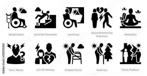 A set of 10 mix icons as rehabilitation, seniorfall prevention