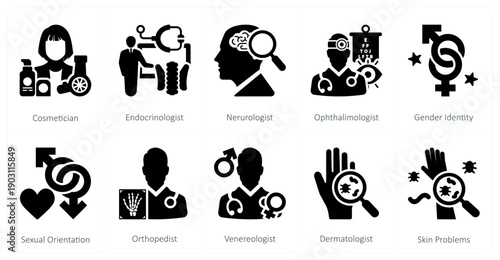 A set of 10 mix icons as cosmetician, endocrinologist, neurologist