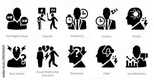A set of 10 mix icons as psychological abuse, quarrels