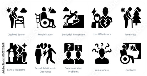 A set of 10 mix icons as disabled senior, rehabilitation, seniorfall prevention