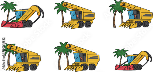 Palm tree harvesting machine sequence, tropical agriculture equipment process, cartoon industrial vehicle workflow, flat vector illustration for farming animation