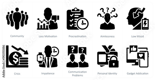 A set of 10 mix icons as community, loss motivation, procrastination
