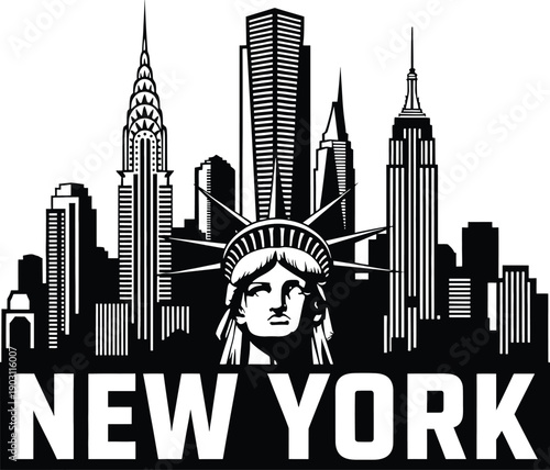 Photography Iconic silhouette of new york city with statue of liberty and skyscrapers