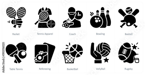 A set of 10 mix icons as racket, tennis apparel, coach