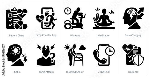 A set of 10 mix icons as patient chat, step counter app