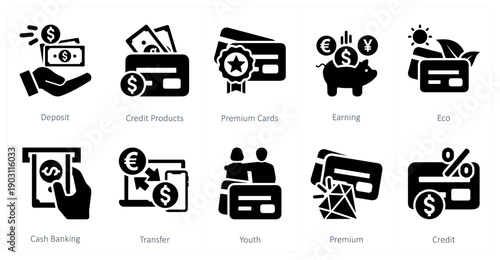 A set of 10 mix icons as deposit, credit products, premium cards