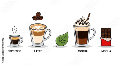 Collection of delicious coffee drinks and chocolate bar.