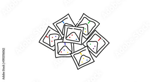 Pile of hand-drawn condom packets with colorful dots representing safe sex and protection isolated on white background