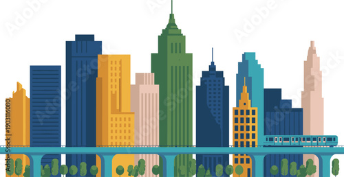 Modern colorful city skyline with skyscrapers, elevated metro train and bridge illustrating urban transportation, architecture, downtown life flat vector illustration