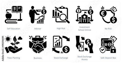 A set of 10 mix icons as self education, advisor, high risk