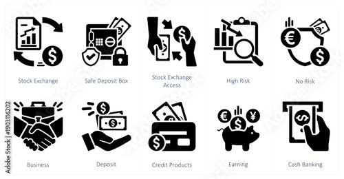 A set of 10 mix icons as stock exchange, safe deposit box, stock exchange access