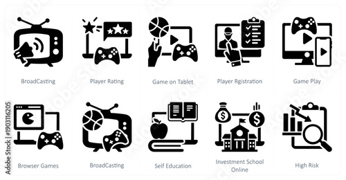 A set of 10 mix icons as broadcasting, player rating, game on tablet