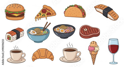 Collection of delicious fast food and drinks illustrations.