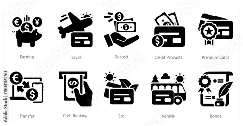 A set of 10 mix icons as earning, travel, deposit