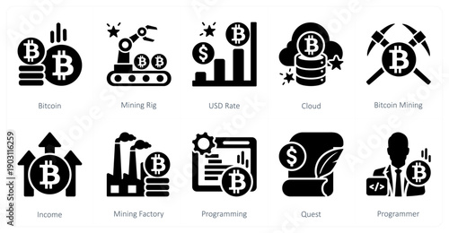 A set of 10 mix icons as bitcoin, mining rig, usd rate