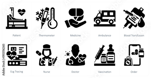 A set of 10 mix icons as patient, thermometer, medicine