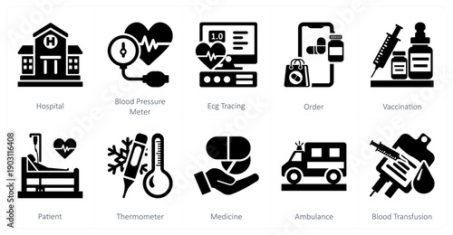 A set of 10 mix icons as hospital, blood pressure meter, ecg tracing