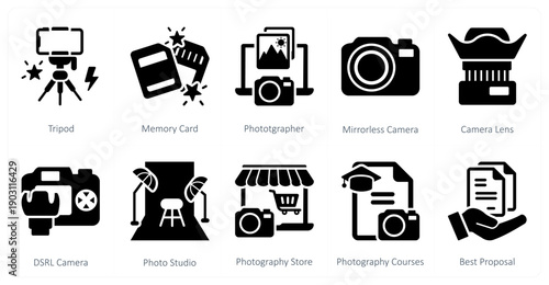 A set of 10 mix icons as tripod, memory card, photographer