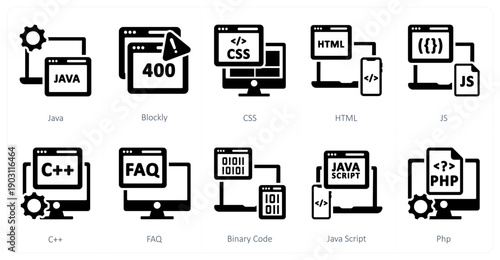 A set of 10 mix icons as java, blockly, css