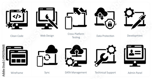 A set of 10 mix icons as clean code, web design, cross platform testing