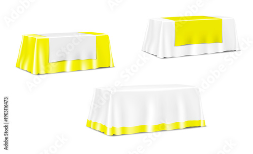 Table covered with blank tablecloth and runner. White and color. Realistic 3d vector mockup set. Desk with table cloth. Easy editable mock-up. Template for design