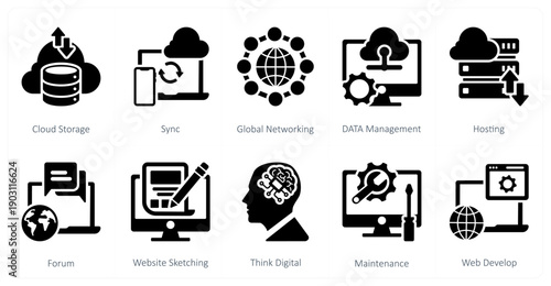 A set of 10 mix icons as cloud storage, sync, global networking