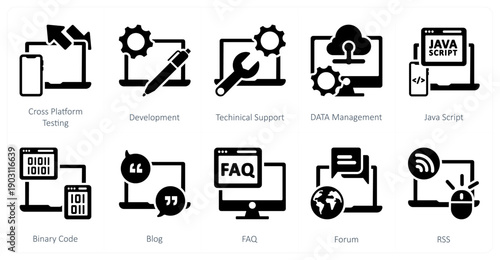 A set of 10 mix icons as cross platform testing, development, technical support
