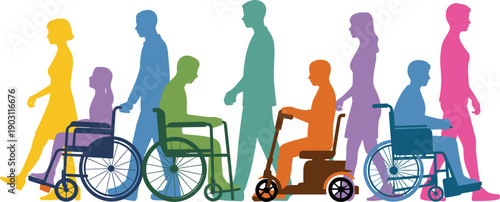 Inclusive diverse silhouettes, colorful accessibility figures, wheelchair scooter mobility concept, vibrant multicolor illustration design