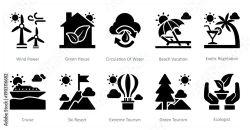 A set of 10 mix icons as wind power, green house, circulation of water