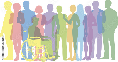 Inclusive diverse silhouettes, colorful overlapping community illustration, unity diversity equality concept, wheelchair accessibility, representation people