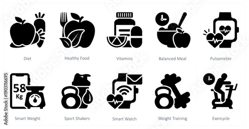 A set of 10 mix icons as diet, healthy food, vitamins