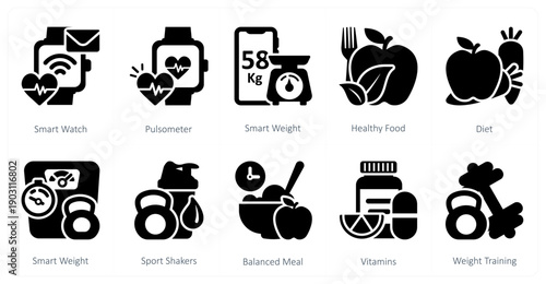 A set of 10 mix icons as smart watch, pulsometer, smart weight