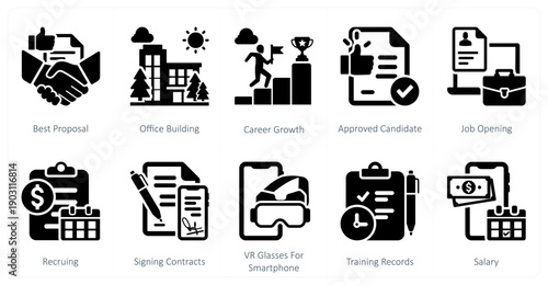 A set of 10 mix icons as best proposal, office building, career growth