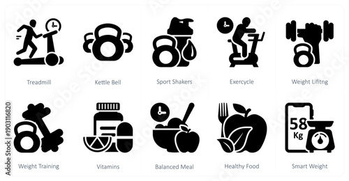 A set of 10 mix icons as treadmill, kettle bell, sport shakers